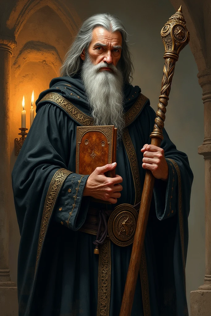 > A highly realistic oil painting-style portrait of Saint Cyprian depicted as a powerful sorcerer. He wears a dark medieval robe with ancient golden details, holding a worn leather spellbook in one hand and a wooden staff with carved symbols in the other. His face shows wisdom and power, with a long beard, deep eyes, and a serious expression. The background is a candle-lit stone chamber with occult symbols on the walls. Real human texture, lifelike skin and hair, dramatic yet natural lighting, realistic atmosphere.