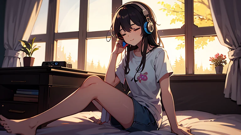 (masterpiece, highest quality: 1.2), dusk、Girl listening to music in a cozy room、Acoustic guitar nearby、Use headphones、Anime-style 2D、Lo-Fi、Chill、Soft atmosphere