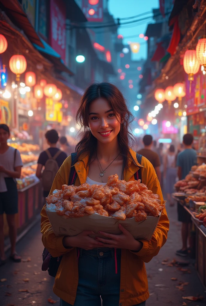  a bustling night market .  The woman is dressed in casual clothes , carrying snacks ,  and her face is filled with joy and contentment.
Aeronave 