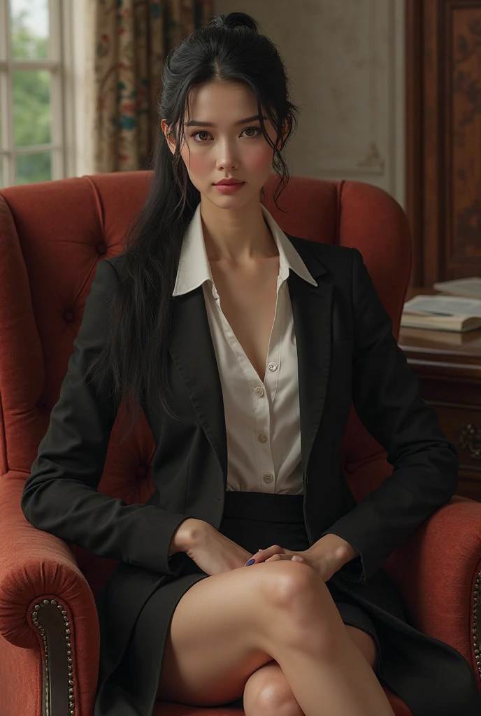 Beautiful woman with black hair pony tail. Pale skin. Elegant suit. Sitting down on a armchair. Office. legs crossed. 