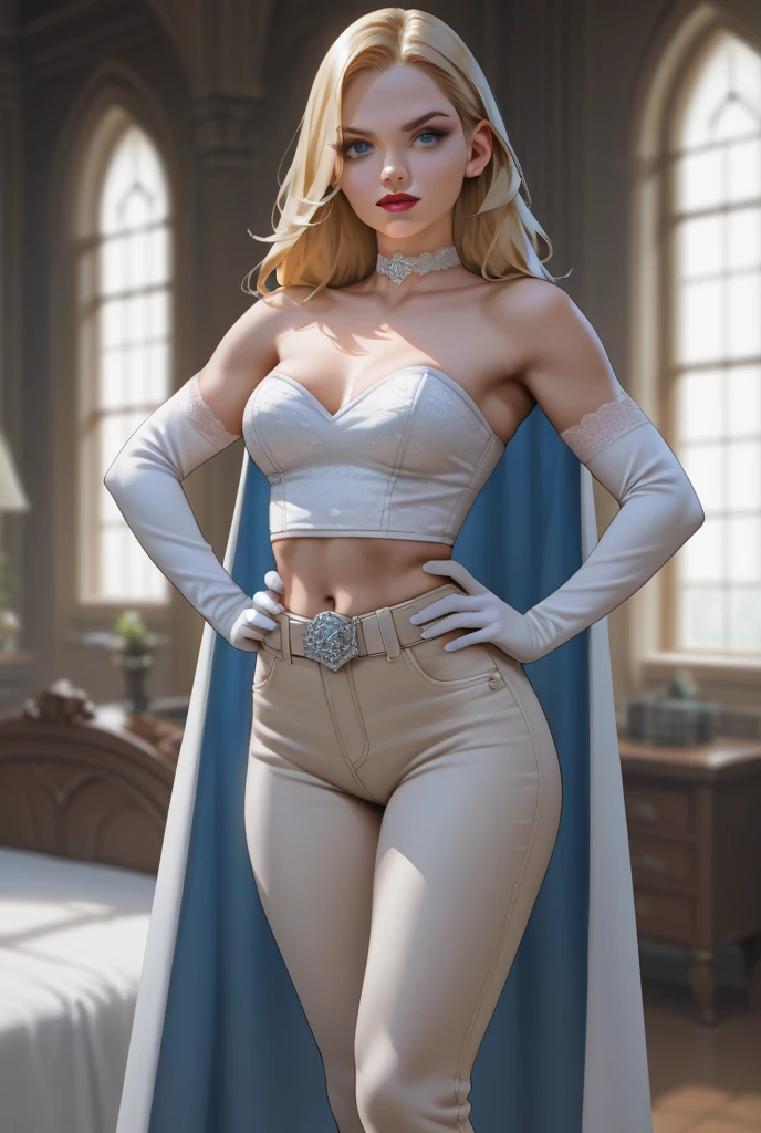 source_cartoon, score_9, score_8_up, score_7_up, score_6_up, ((zPDXL2)), (perfect ) BREAK emma frost, long hair, blonde hair, blue eyes, solo, raised eyebrow, , ((looking at viewer)), lipstick, makeup, choker,  shoulders, midriff, cape, elbow gloves, belt, pants, heels, medium breasts, plump ass, curvy, toned, athletic, thigh gap, standing, hands on hip, in bedroom, indoors