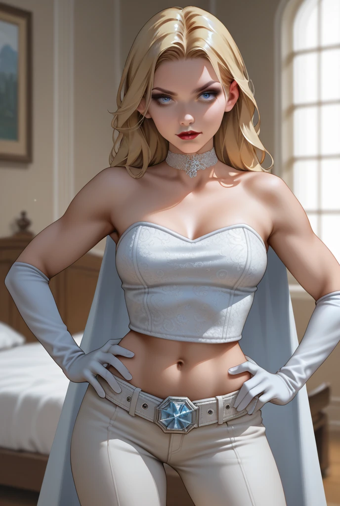 Angry, solo, Emma Frost, 1 woman, blonde hair, light blue eyeshadow, light blue lips, white leather bodice, midriff, cape, bare shoulders, cleavage, thigh highs, gloves, belt, white leather pants, mature women, blush, girl Laying on bed,
(insanely detailed, beautiful detailed face, beautiful detailed eyes, masterpiece, best quality), solo, 1boy, pov, missionary, girl sitting on pov laps, girl sitting on boy laps, cowgirl pose, pov grab girl Waist,