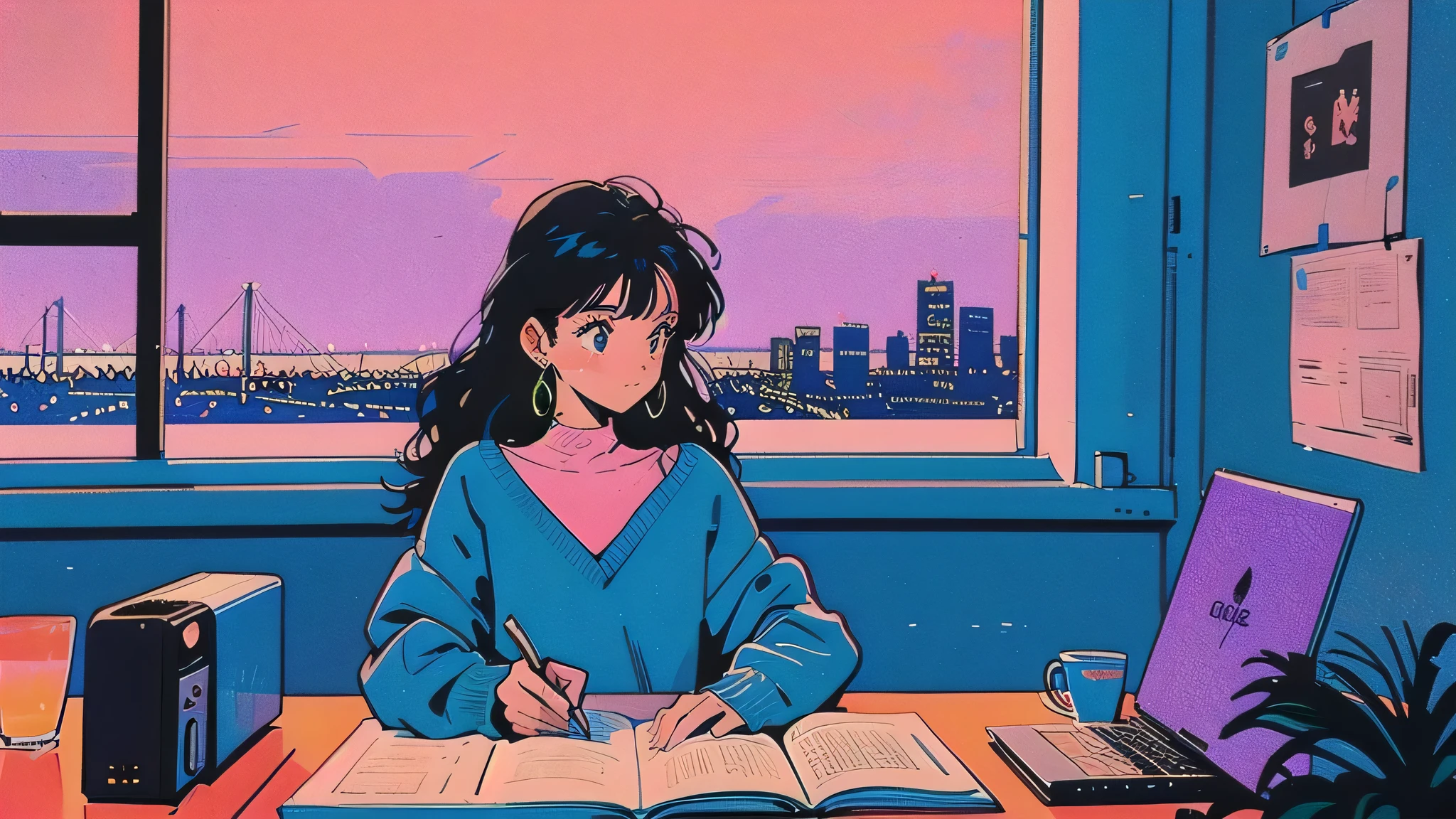A 20-year-old woman studying by the window during sunset in an anime-style illustration. She has shoulder-length wavy hair and wears a cozy oversized sweater. The warm orange and pink hues of the setting sun mix with vibrant blues, purples, and yellows, creating a colorful and nostalgic ambiance. Outside the window, a neon-lit cityscape with glowing signs and reflections adds to the dreamy 1980s city pop atmosphere. A cup of coffee, an open notebook, and scattered pens are on the desk, enhancing the peaceful and contemplative mood.