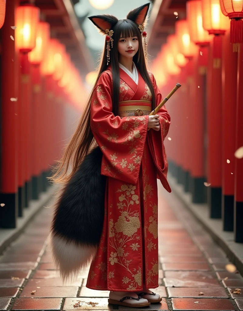full-body dynamic portrait, a beautiful fox-eared girl with a fluffy fox tail, performing a traditional dance in a red and gold kimono, wide graceful sleeve motion, one foot lifted elegantly, holding a fan in one hand and a flute in the other, long black hair in motion, golden hairpins shining in the light, surrounded by glowing paper lanterns and floating cherry blossoms, soft spotlight from above, evening shrine courtyard, cinematic motion blur, ultra-detailed, photorealistic, 8k, masterpiece, best quality, photorealistic:1.5, ultra-detailed:1.3