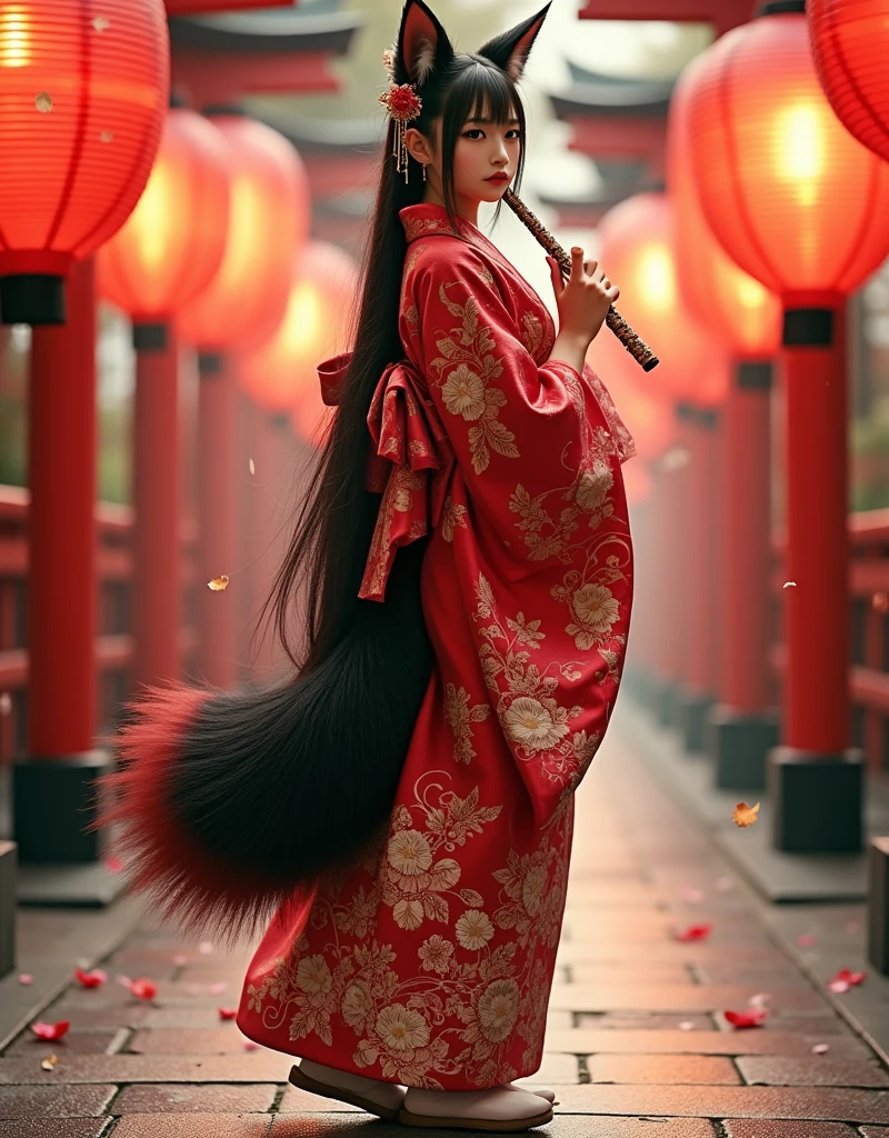 full-body portrait, a graceful fox-eared girl with a fluffy black-and-red fox tail, wearing a luxurious red kimono with intricate gold embroidery and floral patterns, long straight black hair adorned with ornate golden hairpins and dangling ornaments, holding a delicate flute with both hands, soft and elegant facial features, black and red fluffy fox ears, white tabi socks and wooden sandals, standing calmly on a lantern-lit stone path in a traditional Japanese shrine, glowing red paper lanterns in the background, falling petals, golden hour lighting, subtle mist, cinematic atmosphere, photorealistic, 8k, ultra-detailed, masterpiece, best quality, photorealistic:1.5, ultra-detailed:1.3
