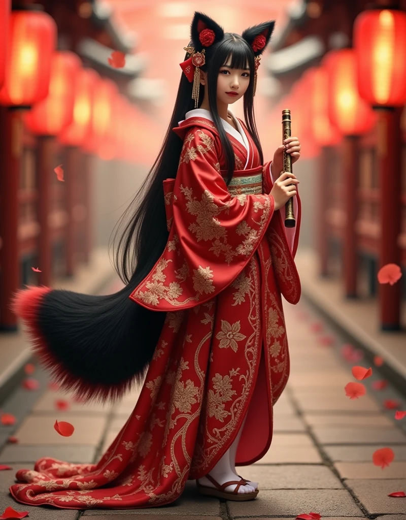 full-body portrait, a graceful fox-eared girl with a fluffy black-and-red fox tail, wearing a luxurious red kimono with intricate gold embroidery and floral patterns, long straight black hair adorned with ornate golden hairpins and dangling ornaments, holding a delicate flute with both hands, soft and elegant facial features, black and red fluffy fox ears, white tabi socks and wooden sandals, standing calmly on a lantern-lit stone path in a traditional Japanese shrine, glowing red paper lanterns in the background, falling petals, golden hour lighting, subtle mist, cinematic atmosphere, photorealistic, 8k, ultra-detailed, masterpiece, best quality, photorealistic:1.5, ultra-detailed:1.3