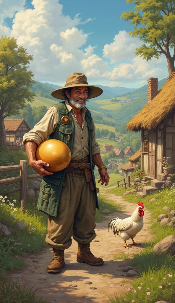 In a village, there lived a poor farmer. He had a strange hen that laid a golden egg every day. The farmer would happily go to the market each day and earn money by selling the eggs.

