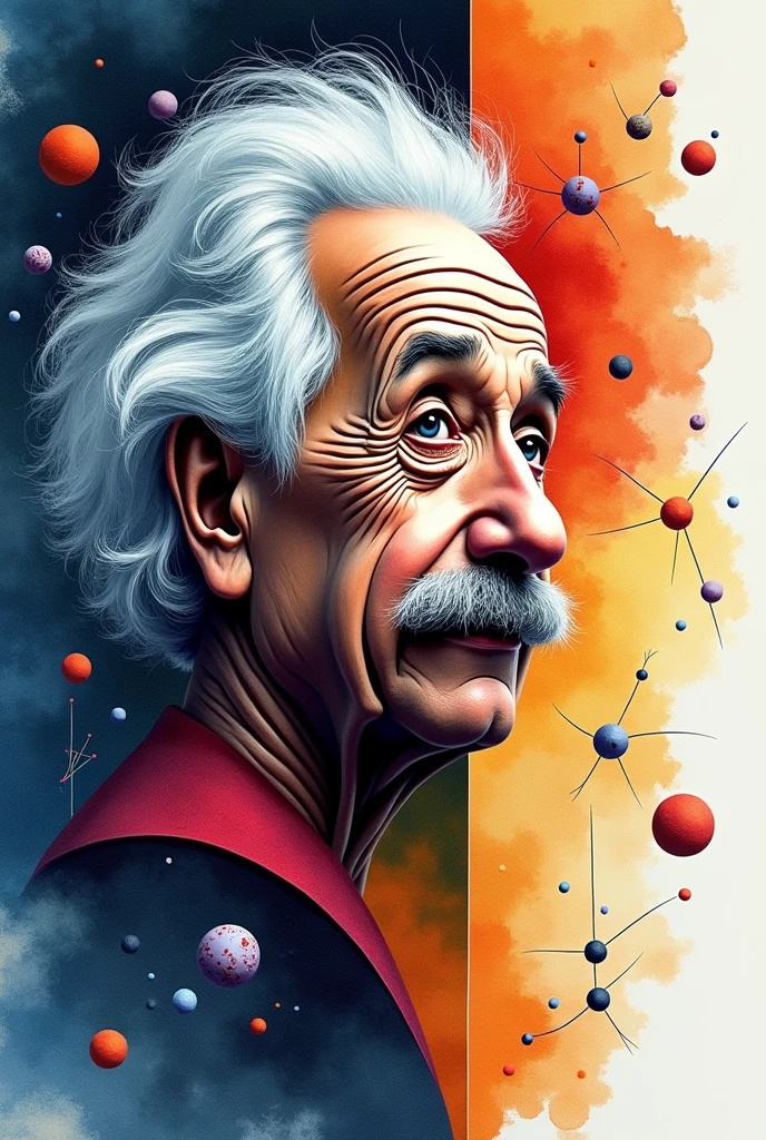 abstract composition  . in a style of cubism art  of Picasso ,for example scientist Einstein with elements of his science in physics and astronomy atoms protons and electrons full height
 in a very high quality Watercolor technique
