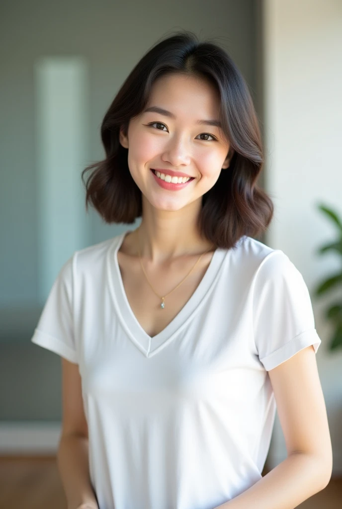 Japanese women、50 years old、Brown Hair、Hairstyle to the shoulders、T-Shirts、Bcup、Embarrassed look