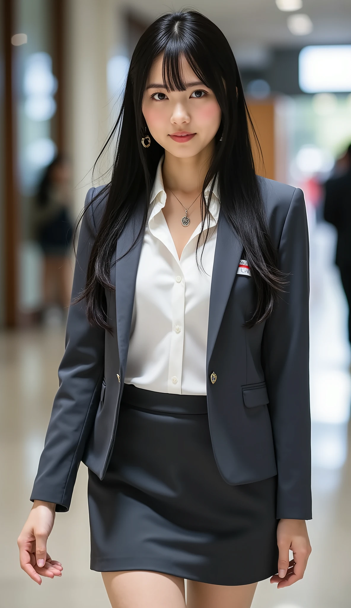 Top Quality, ((full body image:1.8)),((Head to Toe Footage)), Sleek long black hair , Professional Office Lady with Long Dark Hair, model walk, detailed eye and skin texture, studio lighting for women, 30 years old, dark eyes, Elegant, medium breasts, plump lips, earrings, necklace for 1 person, Charcoal Tight Suit , white blouse, miniskirt, high heels, name tag, long sleeve, slight motion blur , light motion blur, side profile view, Composed, concentrated expression of the procedure, cowboy shot angle, full body