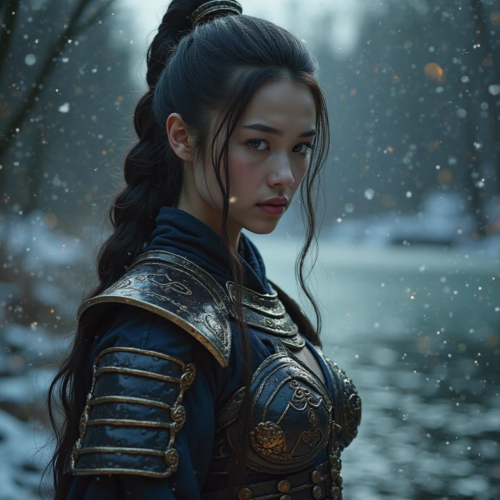 ((photo RAW:1.2)), ((masterpiece:1.2, best quality:1.2)), highres, 8K,  , ( photorealistic:1.4), natural, ultra detailed, (best shade), (exquisitely detailed real skin texture, detailed shiny skin), (???????:1.7), (cinematic lighting), bright eyes, shiny lips,
REST
((warrior), ???????????,  hair with long braid , long armor dress),  winter, (Heavenly luminescent lake, brilliant water,Ethereal reflections),  deep darkness ,  Deep Night , unstable atmosphere, (action movement), , samurai armor .