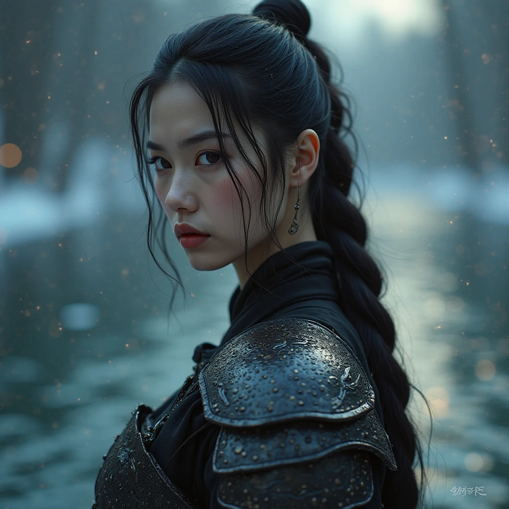 ((photo RAW:1.2)), ((masterpiece:1.2, best quality:1.2)), highres, 8K,  , ( photorealistic:1.4), natural, ultra detailed, (best shade), (exquisitely detailed real skin texture, detailed shiny skin), (anatomy:1.7), (cinematic lighting), bright eyes, shiny lips,
REST
((warrior), big breasts,  hair with long braid , long armor dress),  winter, (Heavenly luminescent lake, brilliant water,Ethereal reflections),  deep darkness ,  Deep Night , unstable atmosphere, (action movement), , samurai armor .