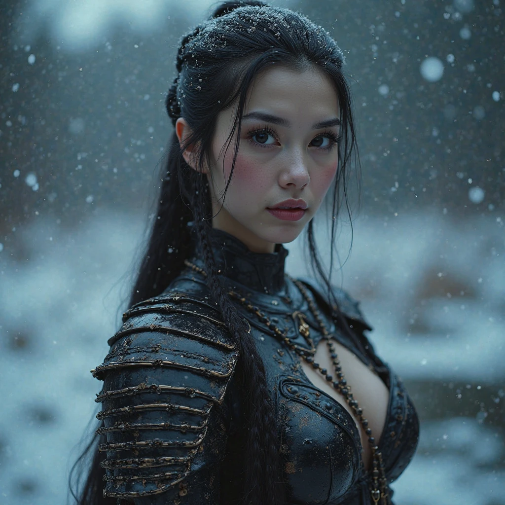 ((photo RAW:1.2)), ((masterpiece:1.2, best quality:1.2)), highres, 8K, , ( photorealistic:1.4), natural, ultra detailed, (best shade), (exquisitely detailed real skin texture, detailed shiny skin), (:1.7), (cinematic lighting), bright eyes, shiny lips,
REST
((warrior), , hair with long braid , long armor dress), winter, (Heavenly luminescent lake, brilliant water,Ethereal reflections), deep darkness , Deep Night , unstable atmosphere, (action movement), , samurai armor .