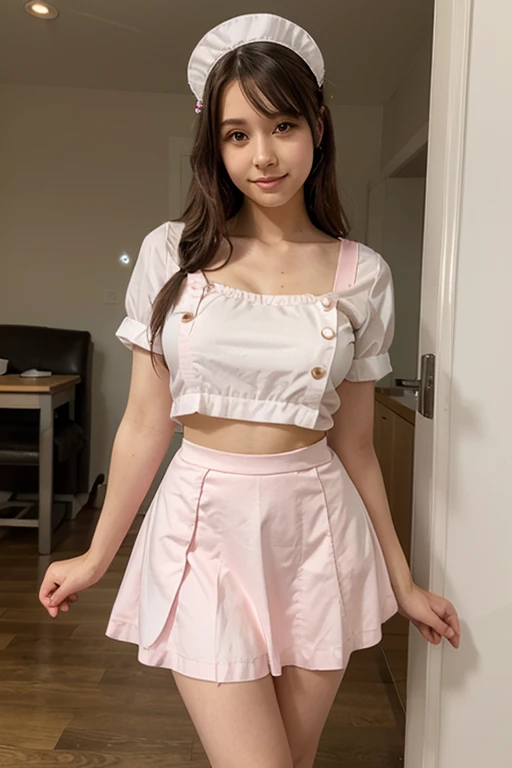 8k, RAW photo, best quality, ultra high resolution, (photorealistic), realistic photo of skinny japanese girl cosplayer, (skinny japanese girl, 20 years old, most beautiful japanese girl in the world, slim face, black hair, straight hair), in the bedroom, pink interior, bright light, plush toys, teddy bear, (full body picture), standing posing for picture, sexy pose, wearing (pink sleeveless shirt, white gloves, thighhighs, pleated skirt), shy smile, submissive, (extremely detailed CG unity 8k wallpaper), Sharp focus, (bright light)