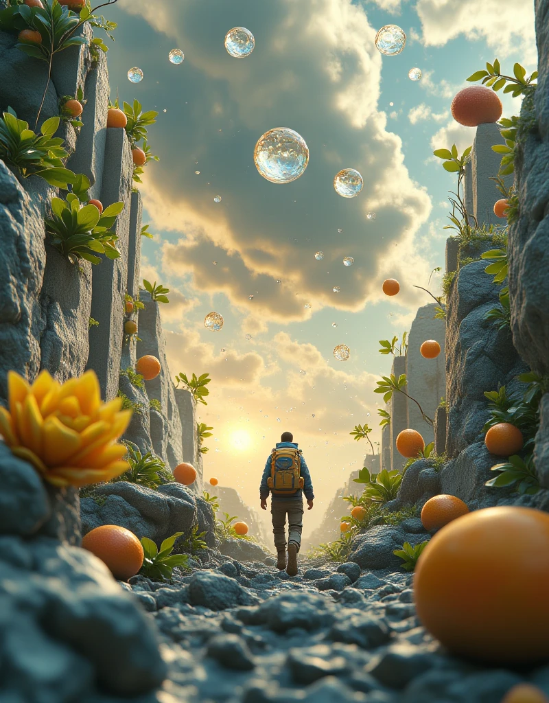 A tiny human explorer, only 5 centimeters tall, journeying through a massive world of everyday objects seen from a microscopic perspective. The adventurer walks across kitchen tables, climbs over giant fruit, navigates between towering forks and knives, and hides behind salt shakers like boulders. Water droplets glisten like crystal , crumbs appear as rocky terrain, and sunlight filters through glassware above. The explorer carries a small backpack and flashlight, moving carefully across this enormous landscape. Photorealistic, ultra detailed, whimsical adventure atmosphere, 8K, ray tracing