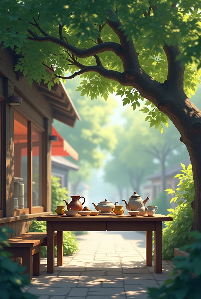 Photo under the tree in the store with tea, coffee