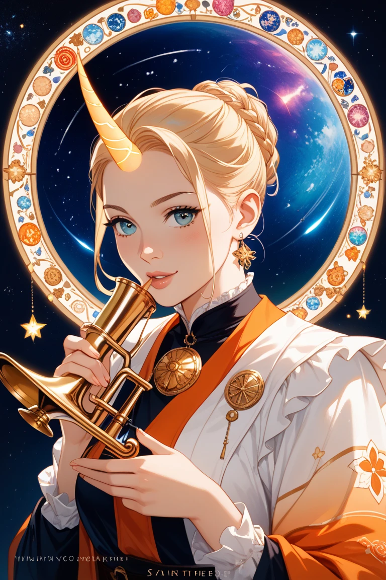 A tranquil, lo-fi art scene set against a black background、, a young woman is depicted playing a horn in space. The trumpet appears to be blowing away planets and other celestial objects, meteor, And the stars. The bells extend into a glowing galaxy, swirling stars々and nebulae emanate from it. Warm-colored, Meditative colors like neon orange and pink, The subtle grainy texture creates a nostalgic, dreamy atmosphere. Inspired by Tristan Eaton's cosmic displays, Brittany Lee's aesthetic, Art Nouveau-inspired space design, and a CMYK palette, This piece evokes a sense of wonder、Perfect for an album cover or wallpaper.