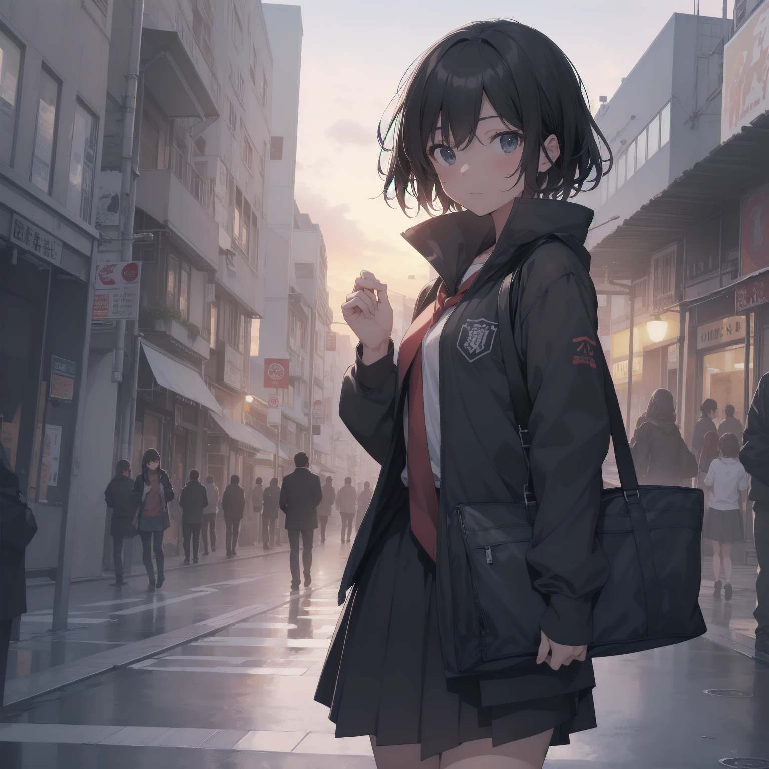 ultra-absurdres-Top quality by artist God, ultra-detailed, high resolution, anime moe artstyle, best anime 8k konachan wallpaper, pixiv contest winner, pool:2810, perfect anatomy,break, 1girl, (Please draw a girl walking sleepily to school alone. )break,(Solo,little female,o:1.3),Full limbs, ,a junior high school student, (very short hair), short cut, flat chest, , small butt, small black eyes, beautiful detailed eyes, well-proportioned iris and pupils, expressive eyes, highres detailed hair, soft expression, sailor school_uniform,  bow, pleated skirt,(Detailed Lighting), (Detailed background), in the School commute route. break,super detailed skin, Best cinematic lighting powered by famous artist, 8k,beauty illustration,photoshop_(medium),very aesthetic,break,((artist:beni_shake )), artist:mitsumi_misato,artist:fujiyama ,artist:kokonoka ,
