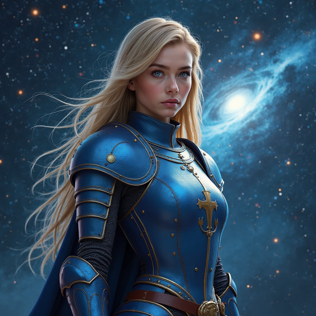 A young woman in blue knight's armour is standing in space with bright comets behind her, She has long, blond hair and blue eyes , detailed portrait, corps puissant, Proud posture, hyperrealistic, 8k, hdr, studio lighting, ultra-fine painting, sharp focus, physically-based rendering, extreme detail, professional, vivid colors