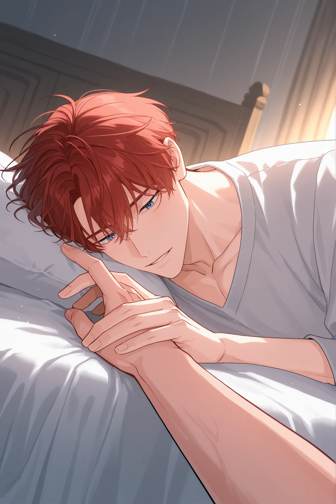 1 male, seme, handsome male, tall male, bedroom, lay on the bed. He crawl to you on the mattress and place his hand on you and his finger caress you lovingly.