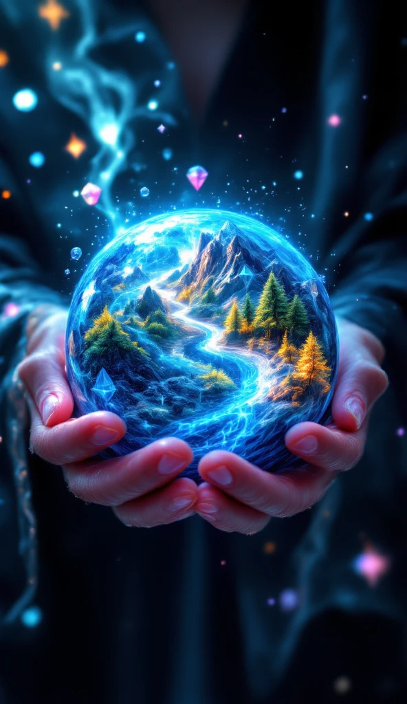 Prompt:

Masterpiece, breathtakingly detailed macro shot of a miniature dreamscape cradled by the luminous hand of a cosmic creator goddess. Fantastical crystalline formations of varying transparency and color create an otherworldly environment. Within this "crystal dreamscape," tiny, whimsical sprite-like beings with iridescent wings flit and glow. Volumetric light filters through the crystal structures, casting vibrant caustic patterns. Hyper-realistic textures showcase the intricate facets and internal luminescence of the crystals. Dreamy, ethereal background with soft, glowing particles. Focus on the magical and whimsical nature of a micro-fantasy world.

Notes: cosmicart, fantasyart, detailedillustration, SuperPremium, aesthetic, 8K.

Key elements: Whimsical crystal formations, sprite-like beings, iridescent details, magical atmosphere, dreamlike quality.