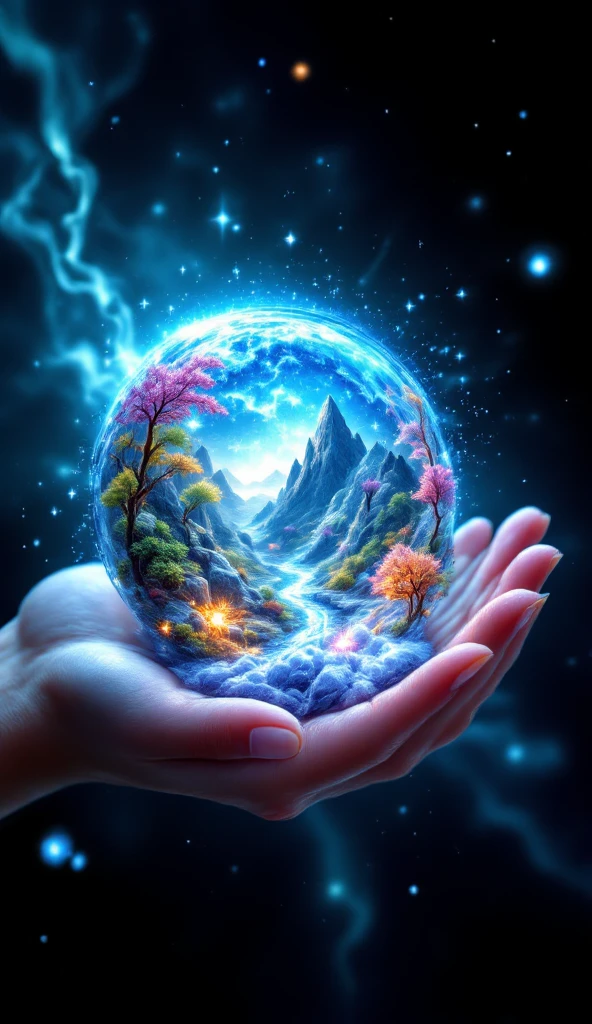 Prompt:

Masterpiece, breathtakingly detailed macro shot of a miniature dreamscape cradled by the luminous hand of a cosmic creator goddess. Fantastical crystalline formations of varying transparency and color create an otherworldly environment. Within this "crystal dreamscape," tiny, whimsical sprite-like beings with iridescent wings flit and glow. Volumetric light filters through the crystal structures, casting vibrant caustic patterns. Hyper-realistic textures showcase the intricate facets and internal luminescence of the crystals. Dreamy, ethereal background with soft, glowing particles. Focus on the magical and whimsical nature of a micro-fantasy world.

Notes: cosmicart, fantasyart, detailedillustration, SuperPremium, aesthetic, 8K.

Key elements: Whimsical crystal formations, sprite-like beings, iridescent details, magical atmosphere, dreamlike quality.