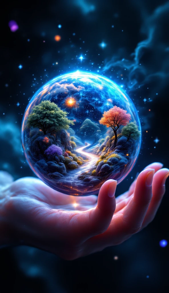 Prompt:

Masterpiece, breathtakingly detailed macro shot of a miniature dreamscape cradled by the luminous hand of a cosmic creator goddess. Fantastical crystalline formations of varying transparency and color create an otherworldly environment. Within this "crystal dreamscape," tiny, whimsical sprite-like beings with iridescent wings flit and glow. Volumetric light filters through the crystal structures, casting vibrant caustic patterns. Hyper-realistic textures showcase the intricate facets and internal luminescence of the crystals. Dreamy, ethereal background with soft, glowing particles. Focus on the magical and whimsical nature of a micro-fantasy world.

Notes: cosmicart, fantasyart, detailedillustration, SuperPremium, aesthetic, 8K.

Key elements: Whimsical crystal formations, sprite-like beings, iridescent details, magical atmosphere, dreamlike quality.