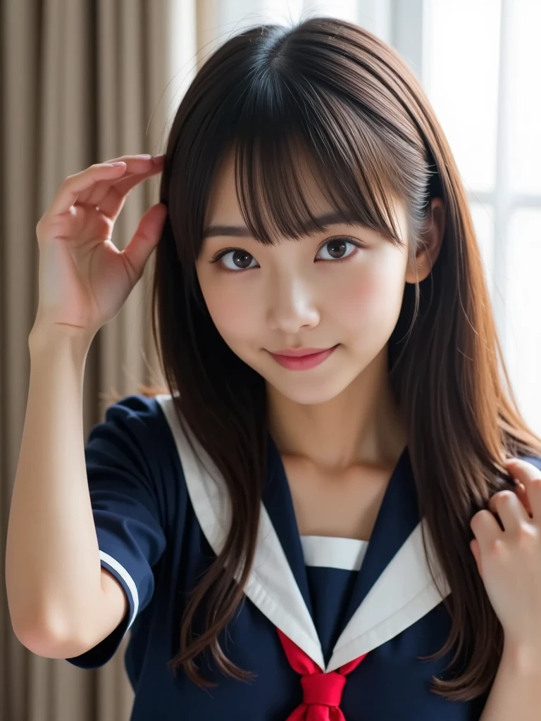 One Girl, (White shirt, Sailor , Navy blue pleated skirt:1.2), (13 years old:1.5), Young Face, Cute Face, 
(RAW Photos, Highest quality), (Realistic, Photorealistic:1.4), Tabletop, Sharp focus, 
Very delicate and beautiful, Very detailed, 2k wallpaper, wonderful, In detail, 
Very detailed CG Unity 8K 壁紙, Very detailed, High resolution, Soft Light, 
Beautiful detailed girl, Very detailed目と顔, Beautifully detailed nose, Beautiful attention to detail, Cute big eyes with double eyelids,
break
In the bright living room, Cinema Lighting, 
Perfect Anatomy, Slender body, Black straight hair, Parted bangs, smile, View your viewers,