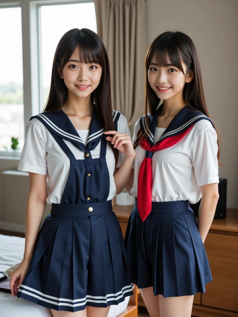 2 girls in wooden school classroom,sailor shirt over,BREAK,white unitard,18-year-old,bangs,a little smile,thighs,knees,short hair with low pigtails,from before,front light