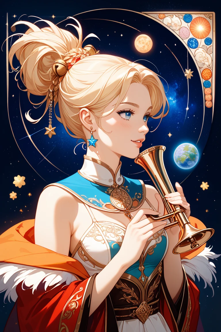 A tranquil, lo-fi art scene set against a black background、It depicts a young woman playing the trumpet in space. The trumpet appears to be blowing away planets and other celestial objects, meteor, And the stars. The bells extend into a glowing galaxy, swirling stars々and nebulae emanate from it. Warm-colored, Meditative colors like neon orange and pink, The subtle grainy texture creates a nostalgic, dreamy atmosphere. Inspired by Tristan Eaton's cosmic displays, Brittany Lee's aesthetic, Art Nouveau-inspired space design, and a CMYK palette, This piece evokes a sense of wonder、Perfect for an album cover or wallpaper.