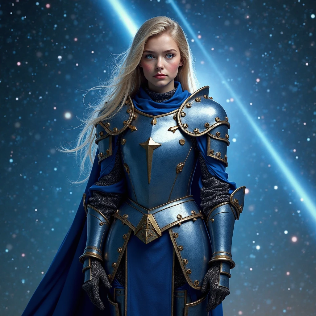 1girl, aerial fireworks, armor, aurora, blonde hair, blue eyes, breastplate, city lights, constellation, crescent moon, earth \(planet\), fireflies, fireworks, full moon, galaxy, holding weapon, knife, light particles, long hair, milky way, moon, moonlight, night, night sky, pine tree, planet, shooting star, sky, snow, snowflakes, snowing, solo, space, space craft, standing, star \(sky\), star \(symbol\), starry background, starry sky, starry sky print, tanabata, tanzaku, telescope, tree, weapon, winter