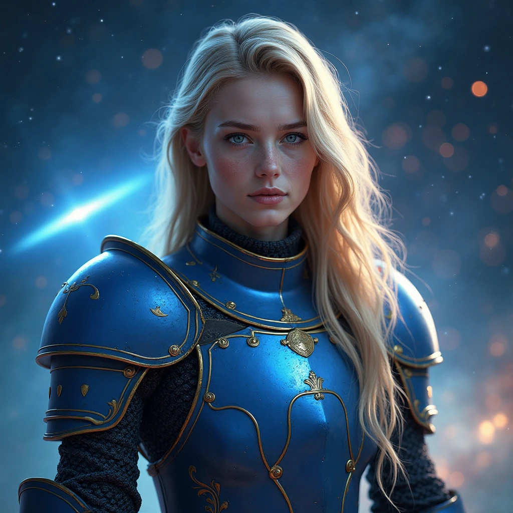 A young woman in blue knight's armour is standing in space with bright comets behind her,  she has long and blond hair , elle est vraiment petite et l'armure a l'air trop grande pour elle, comme un bébé et les yeux bleu , detailed portrait, corps puissant, Proud posture, hyperrealistic, 8k, hdr, studio lighting, ultra-fine painting, sharp focus, physically-based rendering, extreme detail, professional, vivid colors