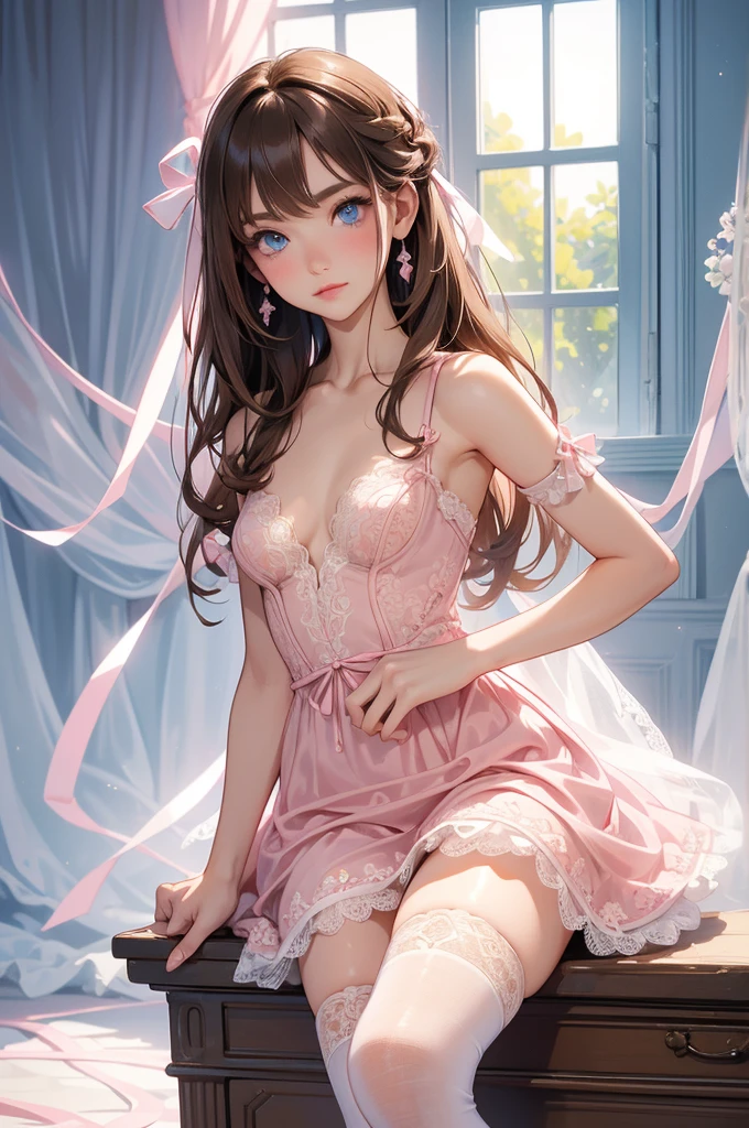 A beautiful lolita girl sitting on the bed with her legs open, anime girl, in the room, home interior, pastel pink lolita dress, short sleeves, a pair of short socks, choker with a bow, short white gloves, lolita shoes fashion, white panties, dark brown hair, long wavy hair, two pigtails, swept bangs, hair ribbon, aqua eyes, bright eyes and pupils, pink lips, glossy lips, blush, earrings, big round breasts, thin waist, perfect arms, defined thighs, thin legs, raised knees, legs open, looking at the viewer, flirty smile, shows her panties, I can see your panties, upskirt, masterpiece, high definition, natural light, high detail, anime, dithering, image fill, perspective, Wide-Angle, f/1.8, 85mm, Sony FE GM, 8k, 8k wallpaper, super detail, highly detailed CG, UHD, retina, masterpiece, accurate, anatomically correct, textured skin, highres, best quality:1.3, 16k