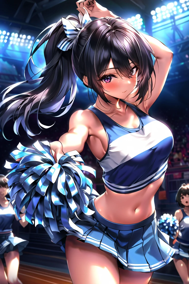 Highest quality,Highest Resolution,Beautiful cheerleader girl,Sweat flying,Big eyes,Belly button,Underwear that becomes transparent due to sweat,Black hair ponytail,Arena,support,
