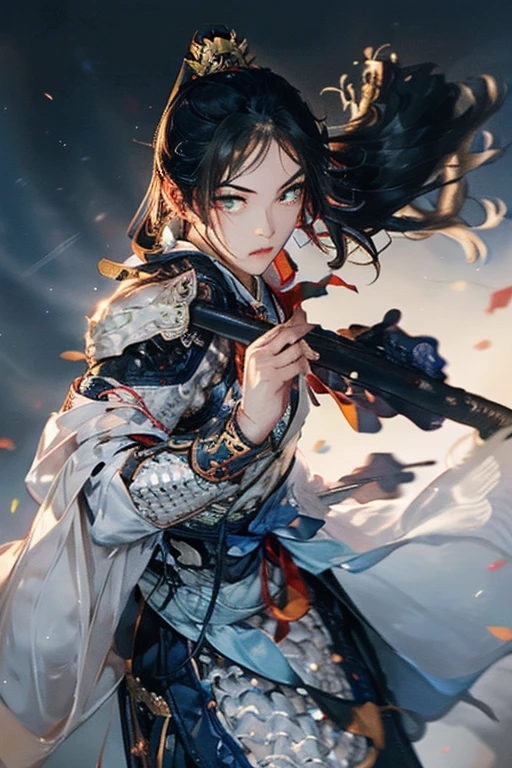 Han Dynasty landscape、Three Kingdoms、(Armor,4K,8k,high res,Great Performance:1.2)、very detailed, high res,、HyperHD、ultra-fine painting、 Physically Based Rendering、 very detailed説明、  professional 、 of bright colors、Traditional Chinese painting techniques、 Ambient light、 Bright contrasting colors、very detailed目と顔、 attention to beautiful details、 Light on the face、Hanfuを着た少女、(Hanfu: 1.1)、eyes are green、(((１２One-year-old girl)))、anatomically correct、sexy pose、Chinese slim figure_armor, facing the camera,