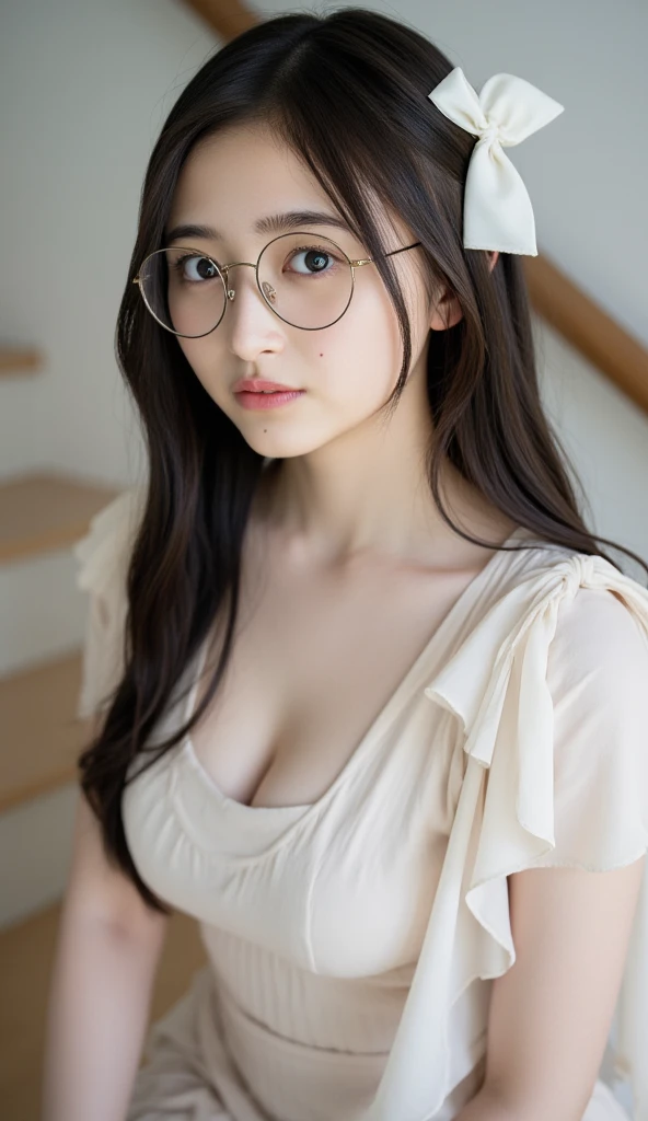 best quality, face focus, soft light, ultra high res, (photorealistic:1.4), RAW photo,
1japanese girl, solo, cute, (pupil, lights in the eyes),  detailed beautiful face, (small chest),(high resolution detail of human skin texture),
(long hair),
indoor,
Damask Shirt Dress,
(portrait),
glasses,
innerwere