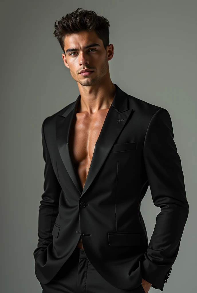Raw photo, photo essay, fashion photography, male model, queer, soft earthy makeup, earthy eye shadow, brazilian man, south american man, latino, light eyes, black fabric as background, with suit dior men autumn winter 2021 black, fashion, editorial beauty, glitter, dark background, dramatic light, whole body, portrait plan, realistic, high quality,  Sony A7III, 8k, 16mm 2.4 lens, soft black mist filter