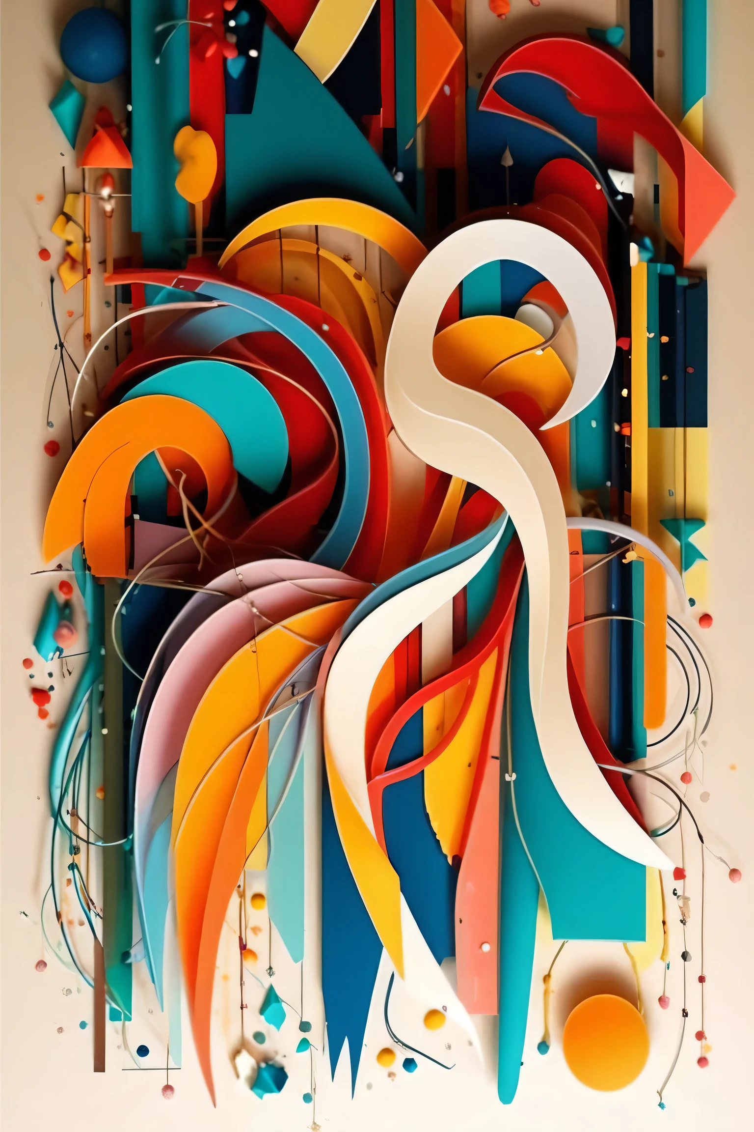 "An intricate and colorful 3D abstract paper sculpture artwork. The composition features layered, folded, and curled paper-like structures, with smooth flowing curves and geometric elements. Dominant colors include bright teal, deep red, burnt orange, vibrant yellow, soft cream, and pastel blue. The shapes intertwine gracefully, creating a sense of movement and rhythm. The background is a clean, soft beige, enhancing the vibrant foreground without distractions. Fine details like thin wire-like lines and small floating geometric fragments add extra complexity. The lighting is soft and directional, creating subtle shadows and enhancing the depth and texture of the paper surfaces. Highly detailed, ultra-realistic, gallery-quality, 4K resolution."