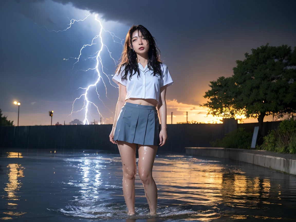 ((Top Quality, masterpiece, Ultra High Resolution、 Most complex and detailed description )),1.     GIRL STUDENT、((Full body water wet 学生服))、((Alone in the city     ))、 fallen tree background 、    expression of fear 、((One giant lightning bolt     ))、((Heavy Rain))、((Orlan))、to my body々and rubble、(( very complex and realistic lighting ))、perfect texture on a wet shirt、((Very heavy realistic rain))、Perfect texture for wet hair 、((Water flowing through my body  ))、(( son's wet hair))、wet hair sticking to my face、((Very wet hair))、((wet乱れた髪))、((Full body wet uniform))、 to my body through your skin from sexy clothes 、Wet and transparent skin、((perfect texture down to every detail of my wet clothes))、Underwear on my body、((    Water flowing through my body     ))、((lots of water flowing down my face and hair))、((to my body underwear from sexy clothes))、((youngest son's wet hairの毛の質感を完璧に表現))、I'm trying to brush my hair 、((    dark blue  , wetのスカート))、 heavy rain falling all over the park 、((very complex and realistic lighting))、    midnight、 despair 、   perfect human body   、 Perfectly expresses the texture of the hair on、She looks up at me、    sad face、face of fear、Looks cold、Expression of extreme fear、     Lightning flashes     、wet