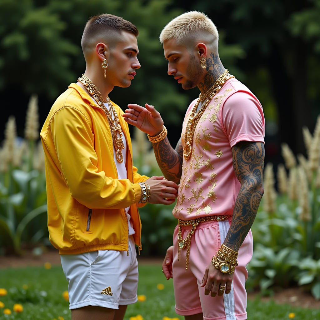 full view full body, 2 sexy young gangsta boys with undercut clean shaved platinum-blonde haircuts, wearing golden large fashion thuggish outfits, golden Jordan sneakers, white socks, golden extremely heavy rings, bracelets, chunky golden heavy chains, kissing each other in the street ,sixpack, tatoos, piercings