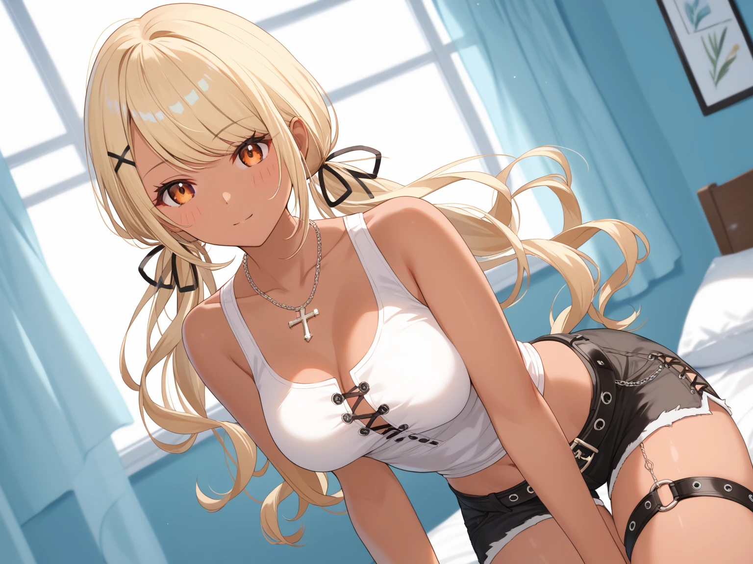 Sex、Gal、Side Ponytail、Colorful manicure、Low - Angle、White lace panties、blonde、Party People、Panties in full view、Gal化粧、Squat with your legs apart、Heavy makeup、mascara、Dark eyeshadow、Brown skin color、push your hips forward、Press one'Push your groin forward、Beautiful woman、Very thick thighs、Unbuttoned shirt、loose socks、Scrunchie、Acme Face、Best image quality、High resolution、masterpiece、super high quality、Squat with your legs apart、Thick pubic hair、Screaming orgasm face、leopard print panties、Leopard print bra、Very big ass、Very large breasts 、Blushing、4K quality、Blushing、Cry of ecstasy、Sweaty all over、Heavy breathing、Cowboy Shot、Cowboy Shot、{highest quality}, {so beautiful}, {Very detailed}, {Best illustrations}, Browsing Caution,