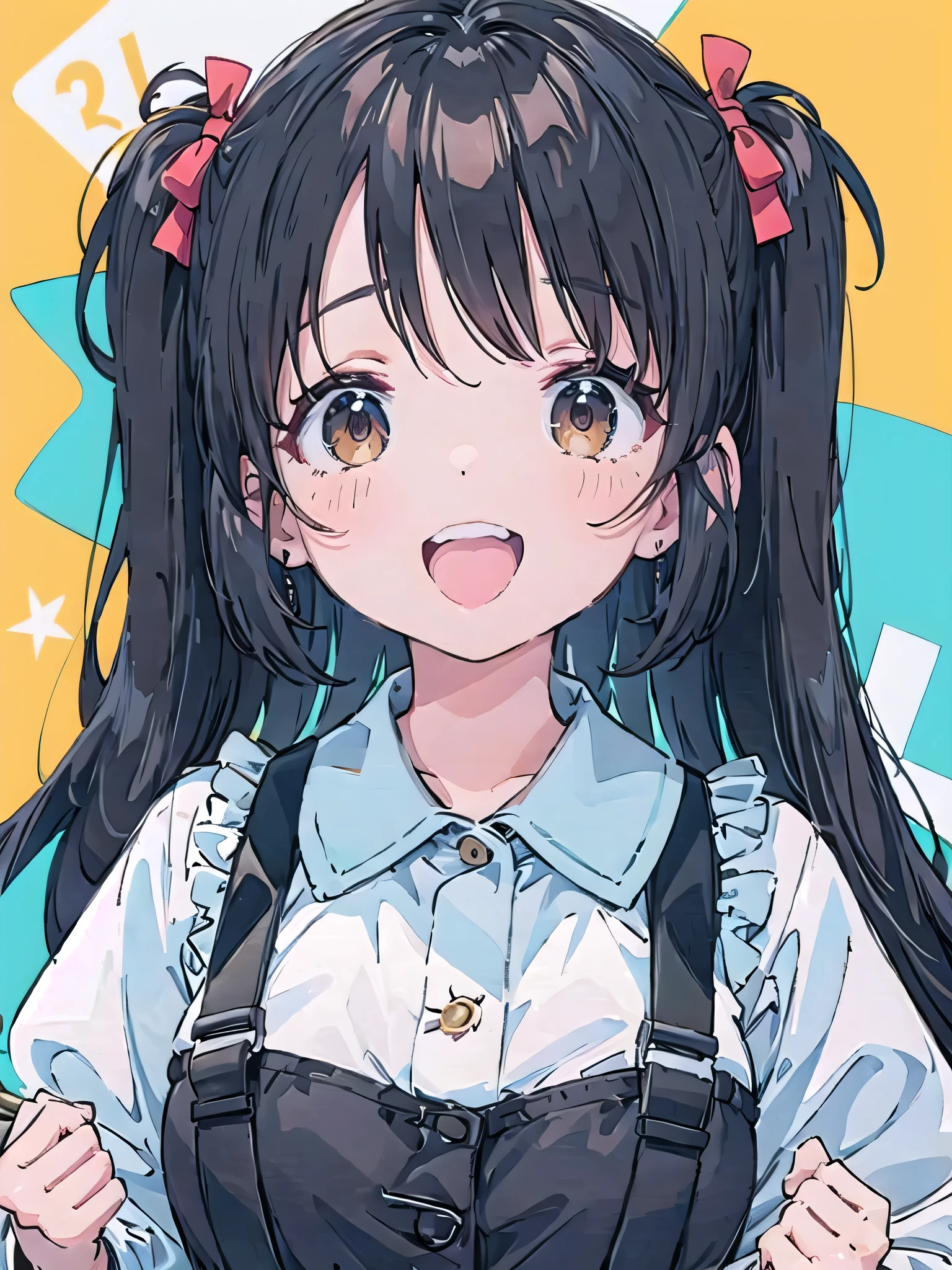 Top Quality、 masterpiece、 show your teeth and laugh、8k、is extremely fine、 Straight Black Hair 、1girl、bust up、TV variety show、Age 25、Big Breasts、 in front of whiteboard、Quiz Show