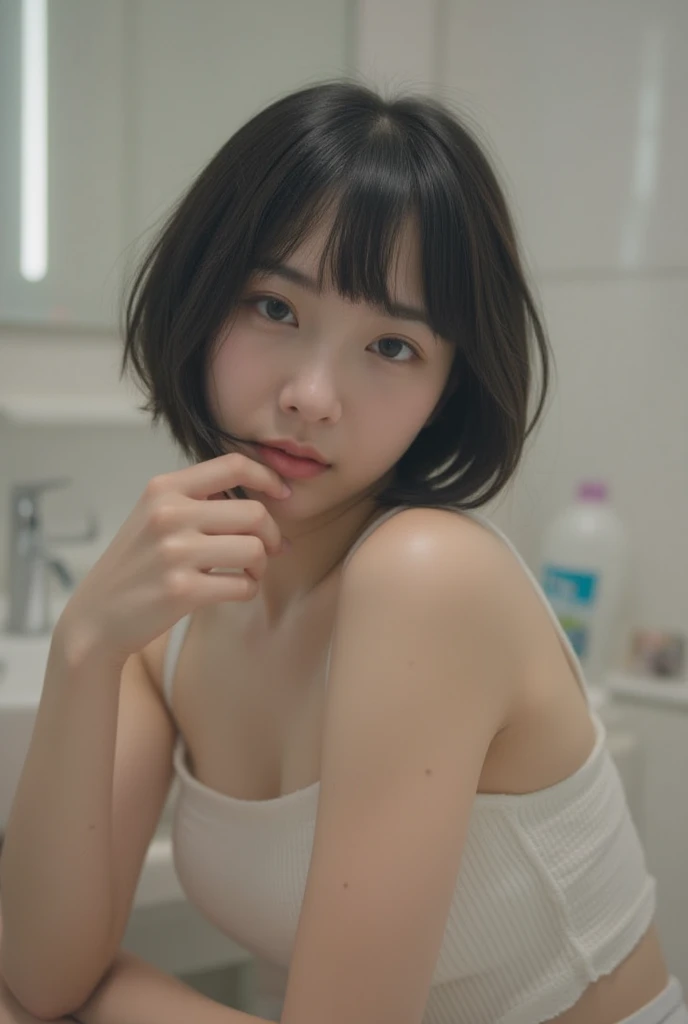 round face、Baby Face、Cigarette smoke、wide bob cut, Cinematic composition、Unexpected angles、born々New skin texture、Arm hair、Realistic skin texture (1.8), Pore details (1.7), Fine vellus hair (1.7), Micro skin relief (1.6), Natural skin moisture (1.5), Skin translucency (1.6), Soft skin highlights (1.7), Subtle goosebumps (2.5), Subsurface scattering (1.7), Macro skin detail (1.8)Black sleeveless、pores、 Dark Room,Always Details,finely,High resolution, HDR,Deep Shadows,High Contrast,(8K、born写真、Highest quality、masterpiece:1.2)、(Realistic,Photorealistic:1.8) ,whole body,Amazing beautiful eyes,Natural Lip,(Saggy breasts:1.1)( Squint eyes :1.2)1 girl、Seeing the viewer、Beautifully detailed face,,Half-open mouth,、narrow,Floating Hair,dark brown hair, short hair, brown eyes, front, detailed face,Japanese girl sitting in the middle of the room,Wide angle of view, messy room, looking at camera, black camisole,Arm hair、Brown Hair,Seeing the viewer,Beautifully detailed face, cinematic light,(film gain:1.4)|(VHS Video:1.2)(old analog film photography:1.4) Vintage film (1.8), Analog camera (1.5), Film grain (1.4), Light leak (1.2), Soft focus (1.3), Warm tones (0.2), Retro aesthetic (1.7), Lomography (1.3), Nostalgic atmosphere (1.8), Polaroid-style (1.5), Faded colors (1.9), Dreamy look (1.3), Overexposed (1.1), Vignette effect (1.8), Blurred edges (1.4),dusty room,Moist Skin、Beautifully detailed face,ahegao,