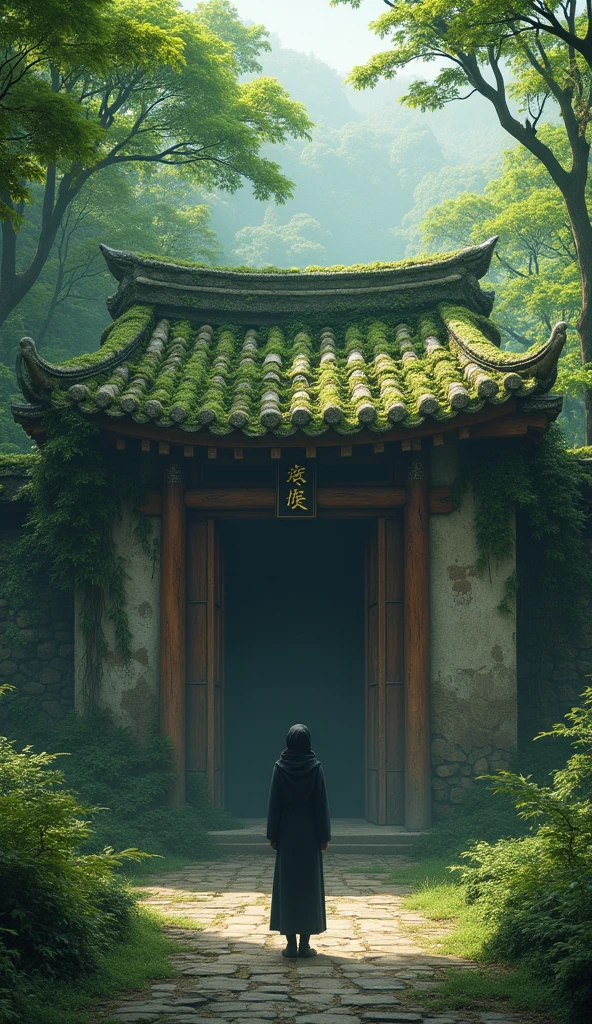 The main character stands in front of Yin Yang's old tiled house, moss wall.