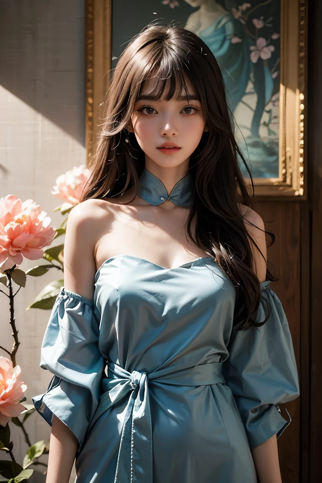 close up face,standing on stage,Blue colored long dress with lots of ruffles,One woman,masutepiece, The highest image quality, High quality, the background is clear,Beautiful woman, Japanese, Detailed, Detailed eyes, Detailed skin, Beautiful skin, 超hight resolution, (reality: 1.4),Very beautiful woman, Slightly younger face, Beautiful skin, slender, (Ultra photo realsisim), (hight resolution), (8K), (Very detailed) (beautifully detailed eyes), (super detailed), (Detailed face), view the viewer, Fine details, Detailed face, Staring straight ahead, Staring straight ahead, photos realistic, Bright lighting, Professional Lighting, Black hair,poneyTail,a baby face,fifteen years old,Hairstyle is ponytail,long ponytail hairstyle,slight smile,neat and tidy clothing,Beautiful Japanese KPOP idol photo, hair style is ponytail, my eyes are double and wide, baby face, smile and look straight ahead, slender, small breasts,Blue ribbon on head,