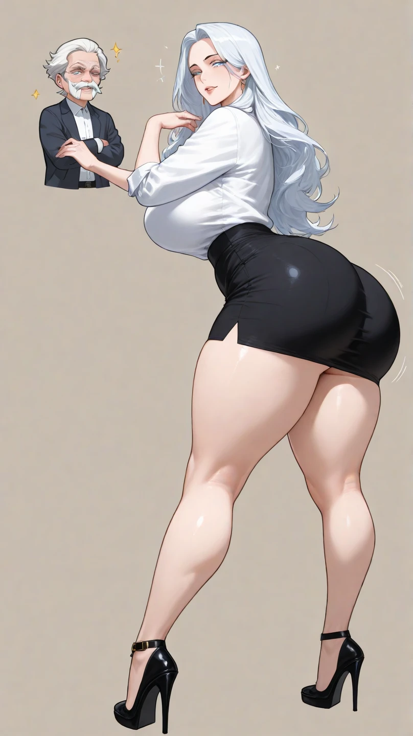 Dark skin, pencil skirt, dark body, teacher, yellow eyes, white hair, mini-skirt, large breasts, breasts, thick thighs, wide hips, glasses, long hair, white shirt, serious, 1girl, (full body), full body