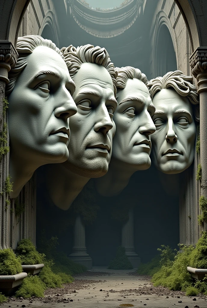  I want to create an image with the face of the discarded metaphysicians, Plato, Kant , Aristotle and Spinoza type statues