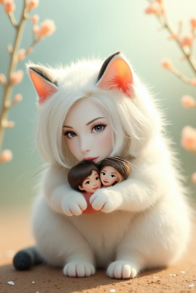 Two little female dogs,Holding a snow-white big-headed puppy,Moe,Hair and its fluffiness,The eyes are big,having fun,Facing the camera squarely,best qualityer, tmasterpiece, A high resolution, Be red in the face, (seduct smile:0.8), star-shaped bule pupils, Tyndall effect, realisticlying, Dark Studio, edge lit, twotonelighting, (highdetailskin:1.2), 8K UHD, digital SLR camera, gentle illumination, high high quality, Volumetriclighting, Frankness, photore, A high resolution