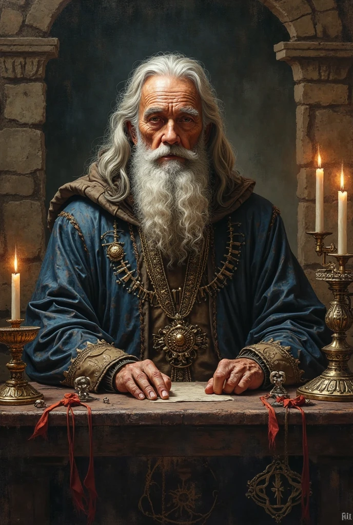  A highly realistic portrait of Saint Cyprian as a powerful sorcerer, sitting upright at a table in a dark, mystical setting. He is not holding anything, and his hands rest calmly or are not visible. His body posture is straight, and he looks directly at the viewer with a wise, serious expression. He wears a dark, old-style robe with mystical details. The background features lit candles and esoteric symbols on the stone walls. Realistic oil painting style with human-like skin texture, long beard, natural lighting, and a mysterious, ancient atmosphere.