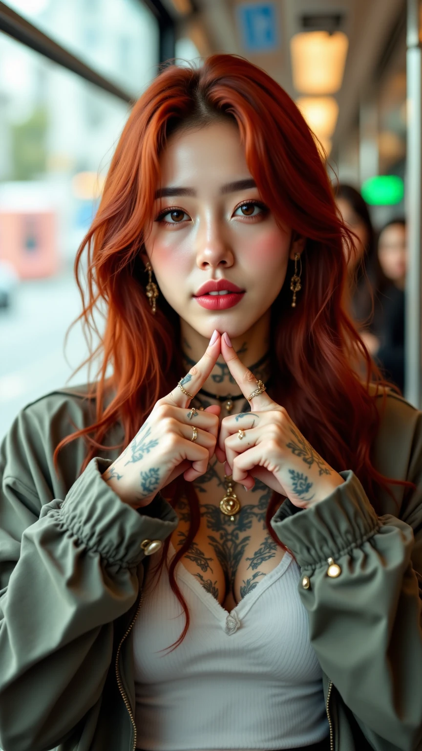 Award-winning photo from the waist up, red-haired woman showing her face, alone, from the torso up, with cybernetic enhancements with tattooing of magical symbols, in front of cyberpunk buildings, vibrant, photorealistic, hyper-realism, strong impressionist painting style, 1,618, elegant, ethereal, intricate, elaborate, hyper-realism, hyper-detailed, strong expressiveness and emotionality, cinematic lighting, visual clarity
